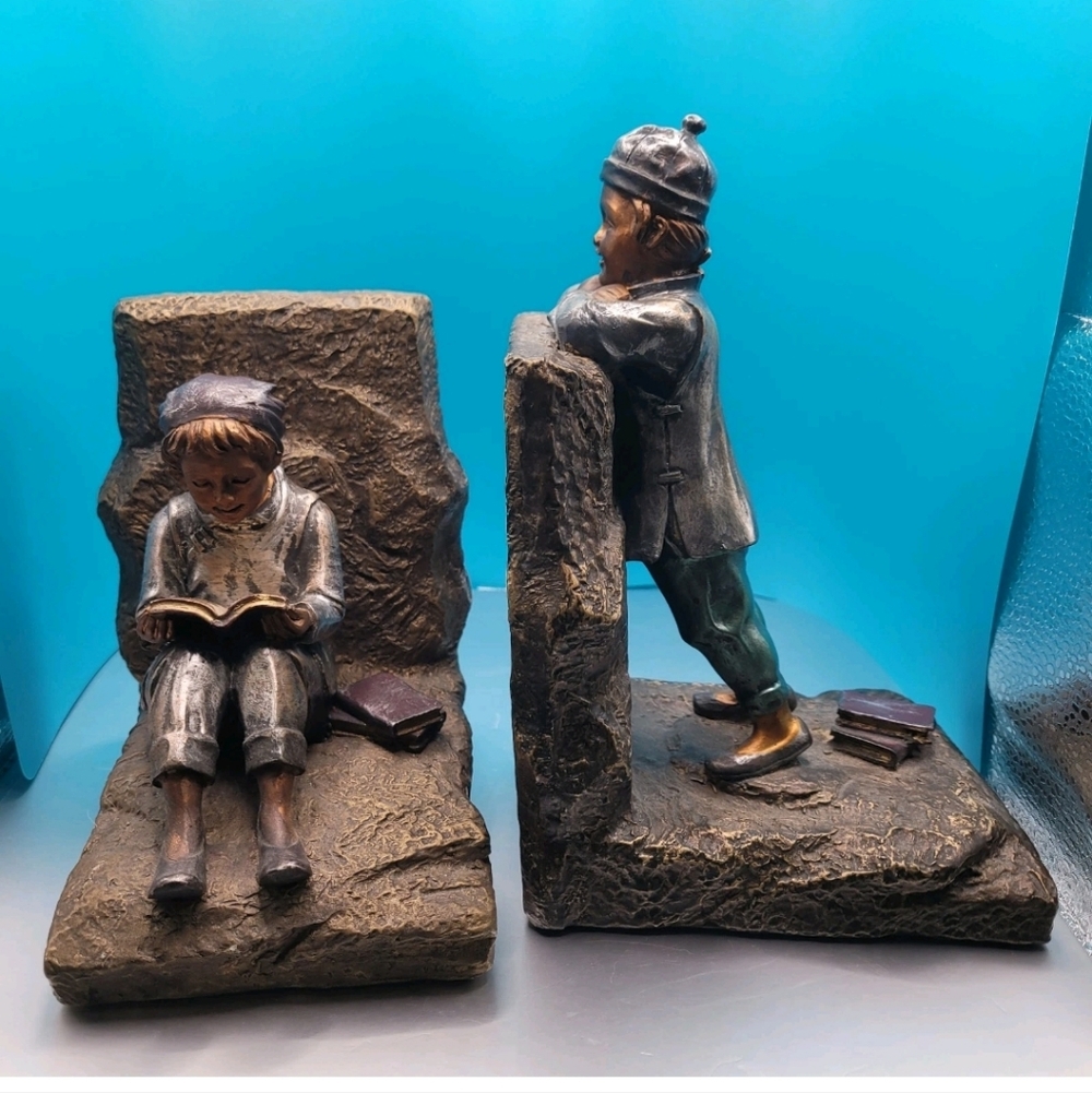 Charming Bronze Look Bookend Set with Oriental Children Reading